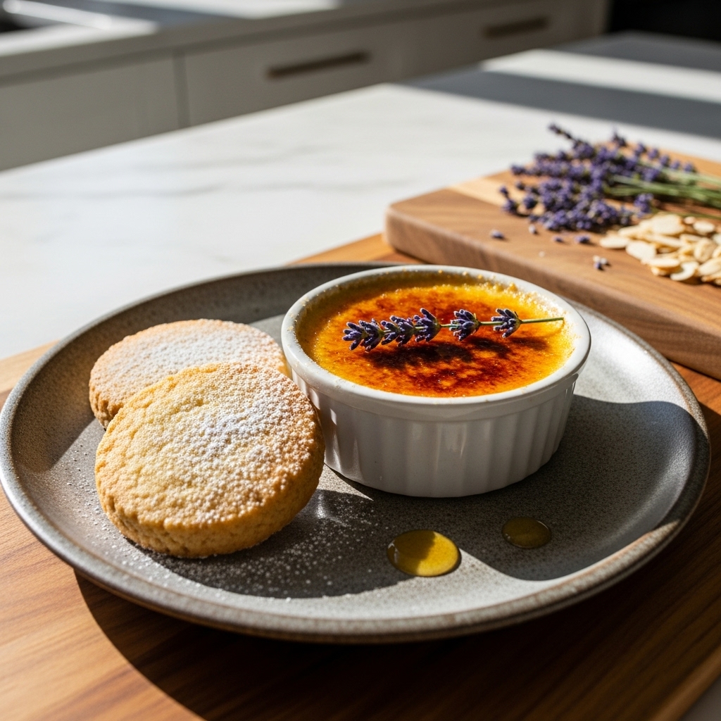 French Lavender Honey Crème Brûlée with Almond Shortbread Cookies